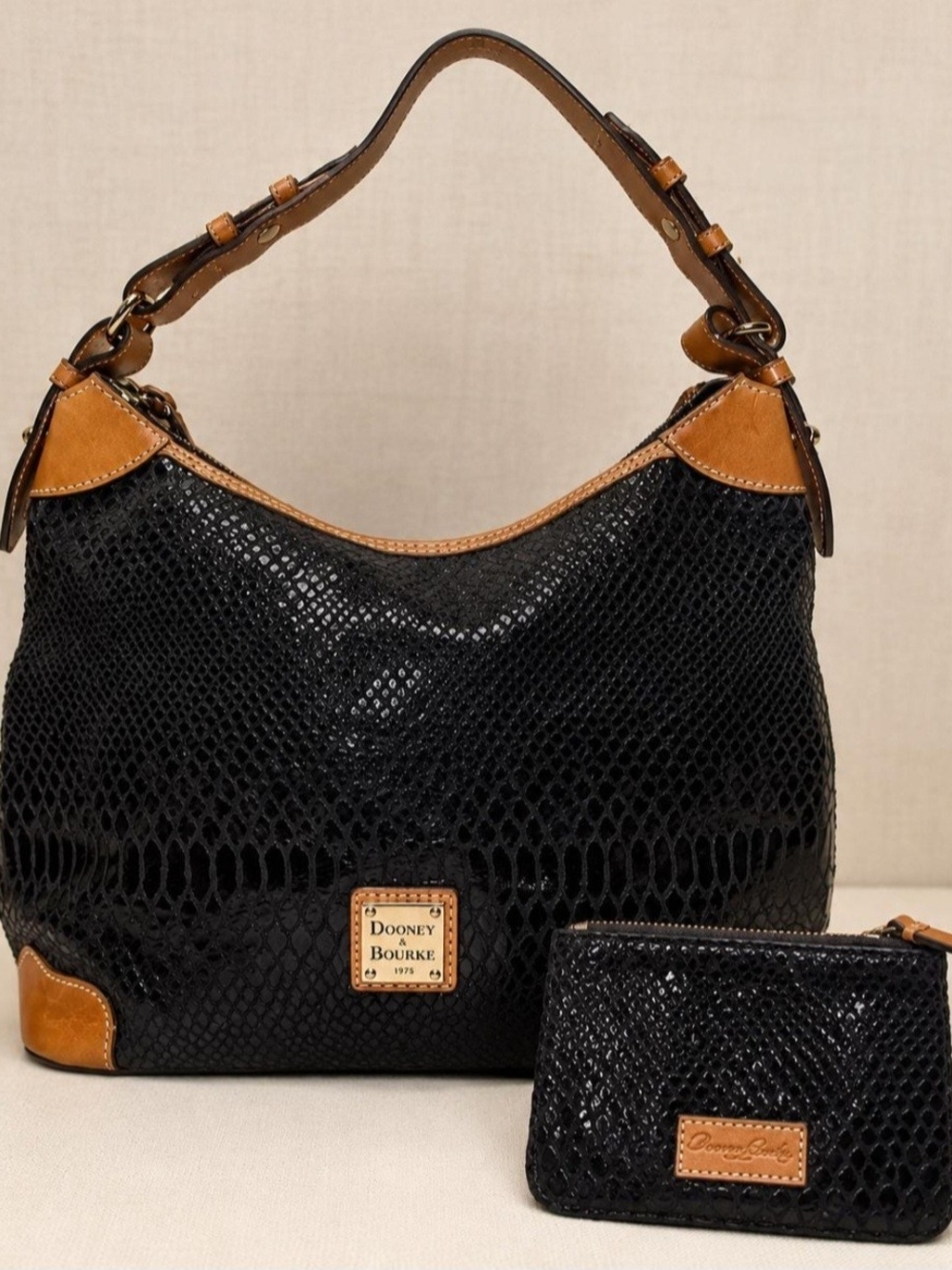 Dooney & Bourke Erica Snakeskin Hobo Bag Black Leather & Matching Pouch